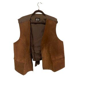 Comint Women Brown Leather Vest 3 Button Front Lined Pockets Tie Back China Made